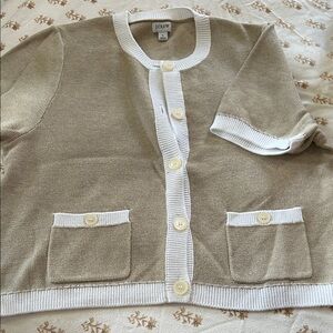 J. Crew Beige Short Sleeve Button Cardigan with White Trim